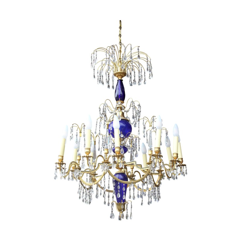 Lustre à cristaux en bronze doré et verre bleu. - Moinat - Lustres, Plafonniers Lustre à cristaux en bronze doré et verre bleu. - Moinat - Lustres, Plafonniers