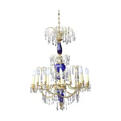 crystal chandelier in gilded bronze and blue glass.