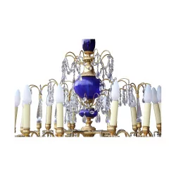 crystal chandelier in gilded bronze and blue glass.