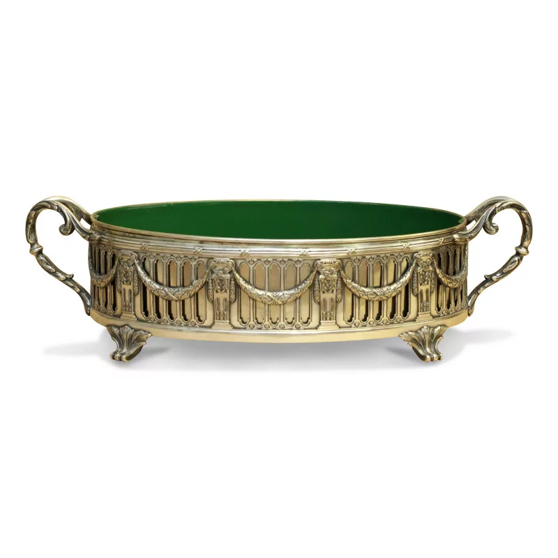 silver oval planter with green lacquered font - Moinat - Flowerpot holders, Interior planters