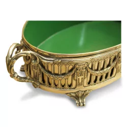 silver oval planter with green lacquered font