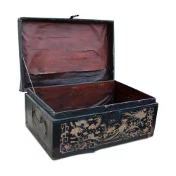 “Chinese” trunk in black leather paper and wood probably …