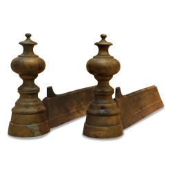 Pair of Directoire andirons with cast iron and bronze.