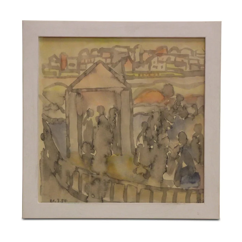 Tableau aquarelle signé "Le square" - Moinat - Tableaux - Paysage