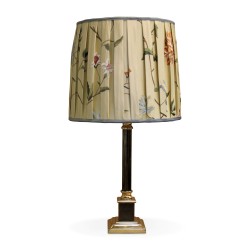 Gunmetal and gold column lamp with silk shade