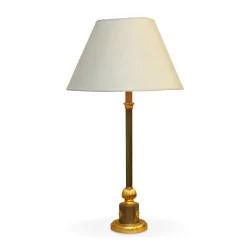 Stylized column lamp with three lights and light blue lampshade