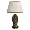 black and gold ceramic lamp with a wooden foot and white empire lampshade with black and yellow border. - Moinat - Table lamps