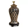 black and gold ceramic lamp with a wooden foot and white empire lampshade with black and yellow border. - Moinat - Table lamps