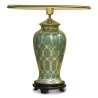 Green and gold ceramic lamp with wooden foot, white empire lampshade and yellow and black border. - Moinat - Table lamps
