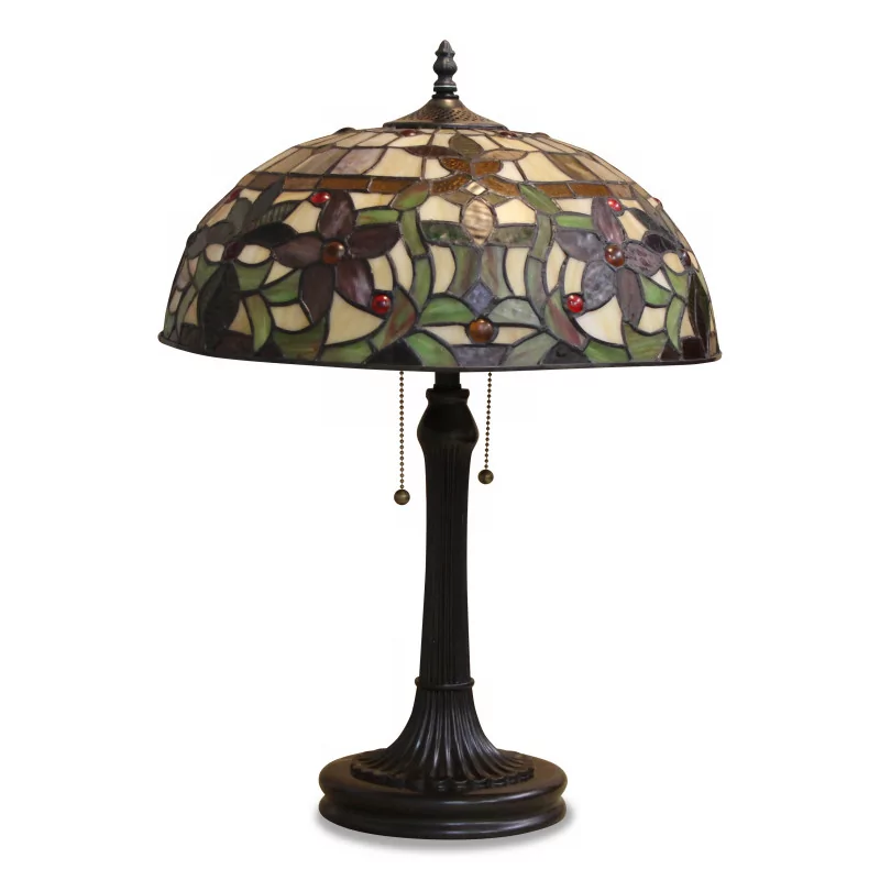 lamp with bronze lights and Tiffany glass lampshade. - Moinat - Table lamps