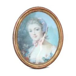 Directoire pastel work from 1820. Portrait with pink ribbon.