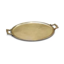 A silver metal tray with pearl decor.