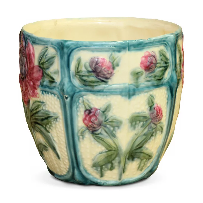 Un cache pot décor fleur , bleu, vert et rouge. - Moinat - Boites, Urnes, Vases