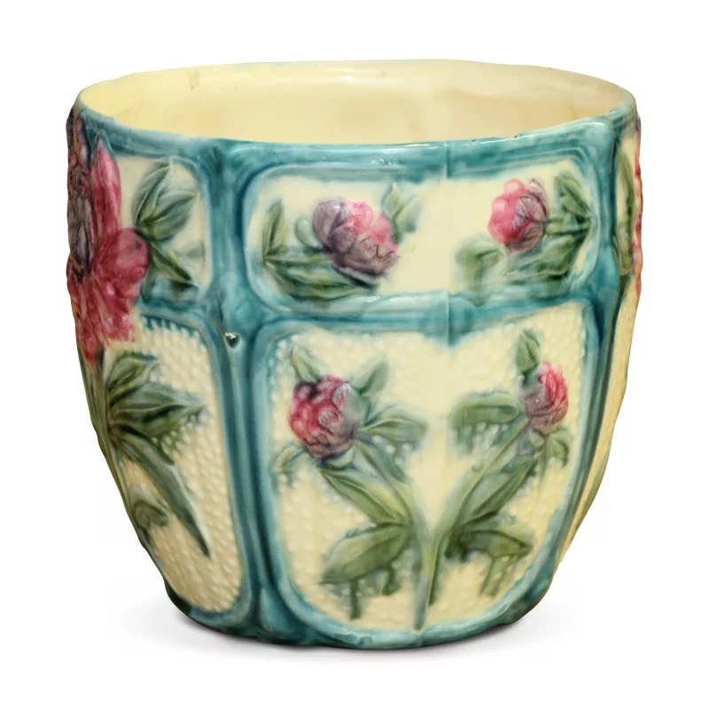 A flower-decorated cachepot, blue, green and red. - Moinat - Boxes, Urns, Vases