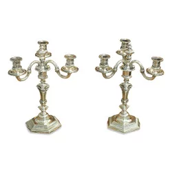 A pair of silver bronze 3-flame candlesticks.