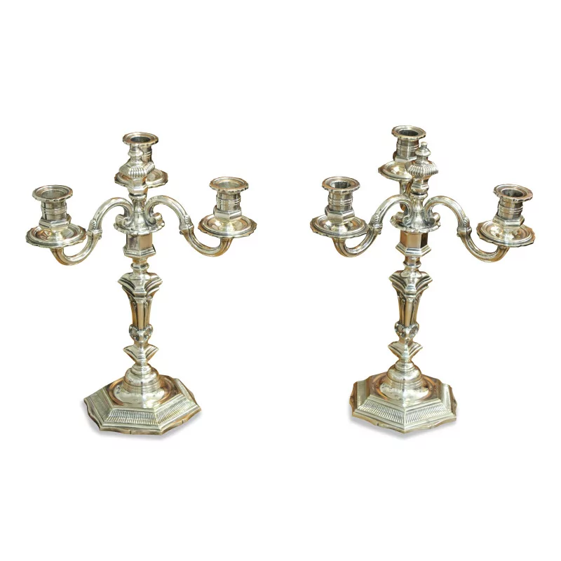 A pair of silver bronze 3-flame candlesticks. - Moinat - Candleholders, Candlesticks