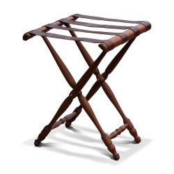 A brown leather and wood suitcase holder.