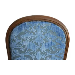 伏尔泰胡桃木扶手椅，覆盖着蓝色织物