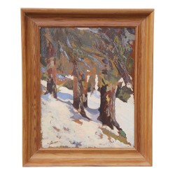 Ein Werk \"Schneestudie unter Holz\" signiert Parisod