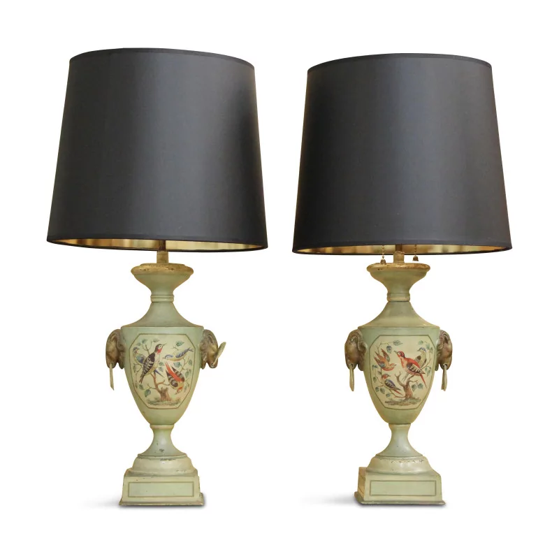 Une paire de lampe deux lumière abat-jour noir, or - Moinat - Lampes de table