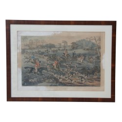 Une gravure "Scène de chasse" sous verre