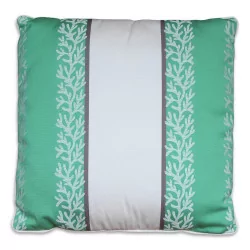 A square cushion covered in white and green fabric