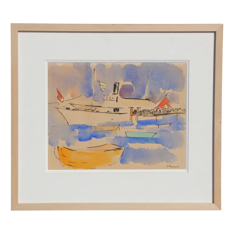 A watercolor \"Racing ship\" signed Charles Chinet - Moinat - Painting - Navy