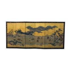 A screen with Japanese decorations made by hand on cardboard