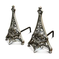A pair of \"Liberty\" bronze andirons. French work