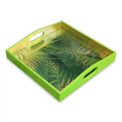 Un plateau "Feuilles de palmier" laqué et carré en or