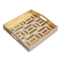 A square \"Garden Gate\" tray, lacquered in white and gold