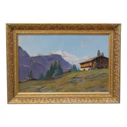 Un tableau "Les montagnes" signé G. Roy . Suisse