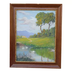 a painting \"Lake and swans\" signed G. Roy. Swiss