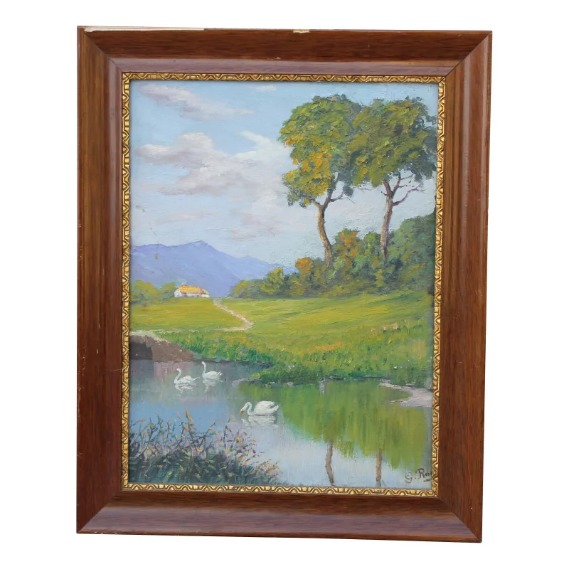 一幅名为“湖泊和天鹅”的画作署名 G. Roy。瑞士人 - Moinat - 画 - 景观