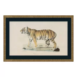 a \"Tiger\" painting under glass with a wooden frame