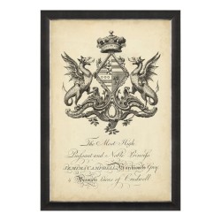 An \"English crest\" painting under glass with a wooden frame