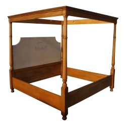 Canopy bed in patinated beech with 4 turned columns, headboard