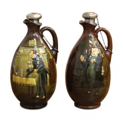A pair of brown ceramic whiskey decanters