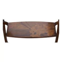 Une table Galle, bois de marqueterie, pieds en hêtre