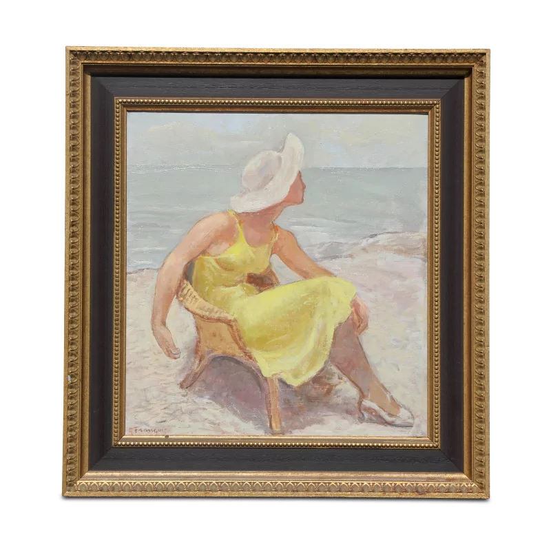 An oil on canvas \"A woman sitting on the beach\" - Moinat - Painting - Miscellaneous