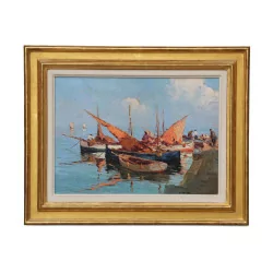 油画《海边的渔船》