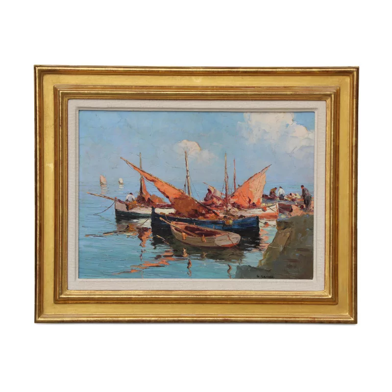 A painting \"Fisherman's boat by the sea\" - Moinat - Painting - Navy