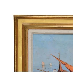 Ein Gemälde „Fischerboot am Meer“