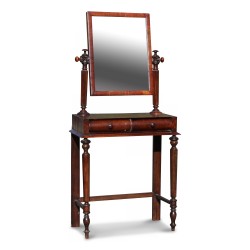 Un miroir mercure monté sur pivots en acajou, 2 tiroirs