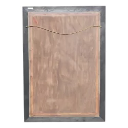 A mirror with a black painted wooden frame