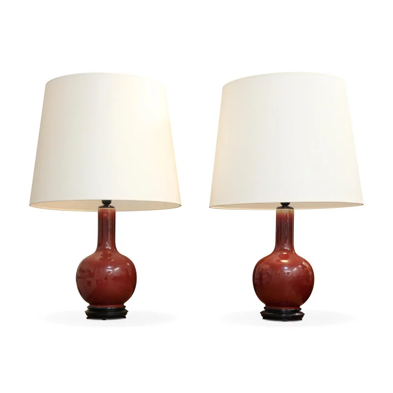 Paar Ochsenblutlampe mit schwarzem Lampenschirm mit … - Moinat - Tischlampen