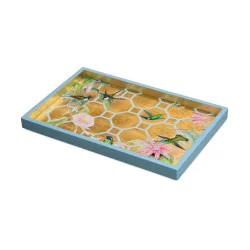 A blue and gold coliris lacquered serving tray