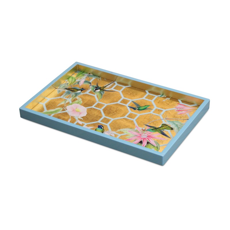 Ein blau-goldenes, mit Coliris lackiertes Serviertablett - Moinat - Platten Ein blau-goldenes, mit Coliris lackiertes Serviertablett - Moinat - Platten