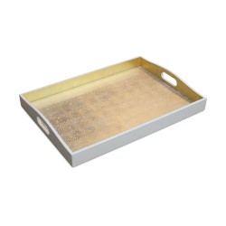 Ein lackiertes Serviertablett in den Farben Weiß und Gold