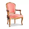 Ein Paar Buchensitze mit rosa Stoff bezogen - Moinat - Armlehnstühle, Sesseln